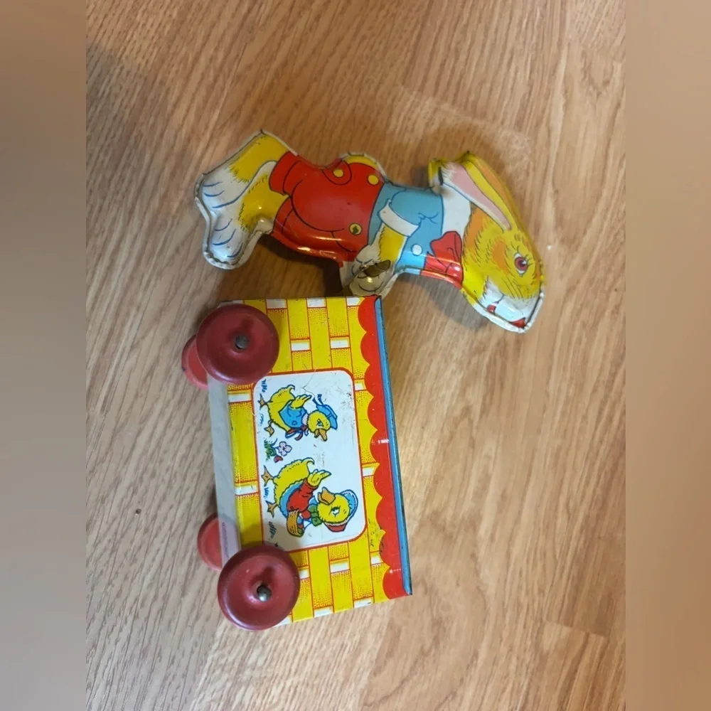 Vintage Tin Easter J Chein Tin Litho Easter Bunny- Wooden Wheels